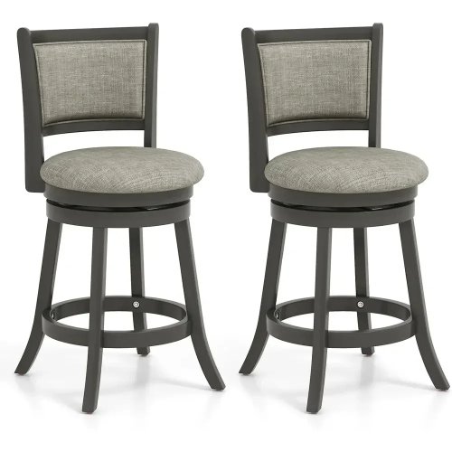 Vintage 26.5 inch counterhoogte barstoelen set met grijze linnen zitting, houten frame, voor kookeiland en eettafel