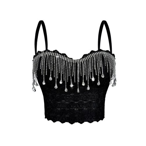 Dames hemdje met spaghetti-bretels en strass en franjes - vormend, slank casual