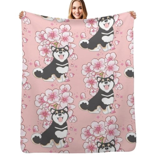 Plaid grand pour bébé et voyage, avec Shiba Inu noir et feu et fleurs de cerisier, doux et luxueux