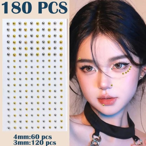 Autocollants faciaux strass or et argent premium - Piercings faux lèvres, nez et sourcils, autocollants, non toxiques, bijoux pour maquillage DIY femme