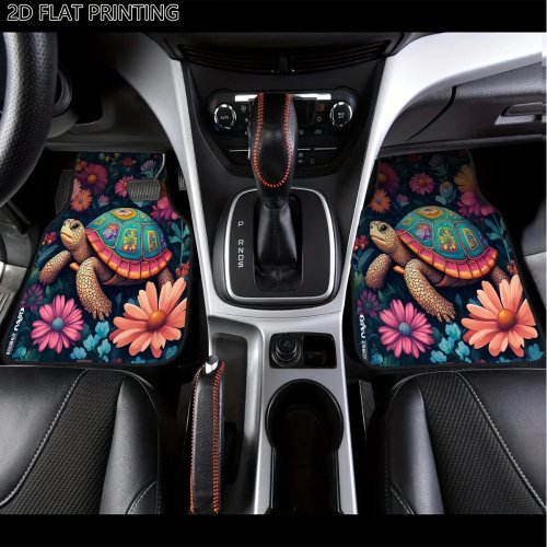 2 or 4 Pack All-Weather Car Floor Mats with Non-Slip Grip, Floral Turtle & Pink Daisy Design in Blue, Green, Orange, Black