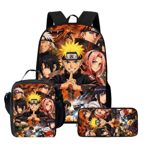 Set Zaino Anime Naruto 3 pezzi: Zaino, Porta Pranzo e Astuccio per Scuola Primaria