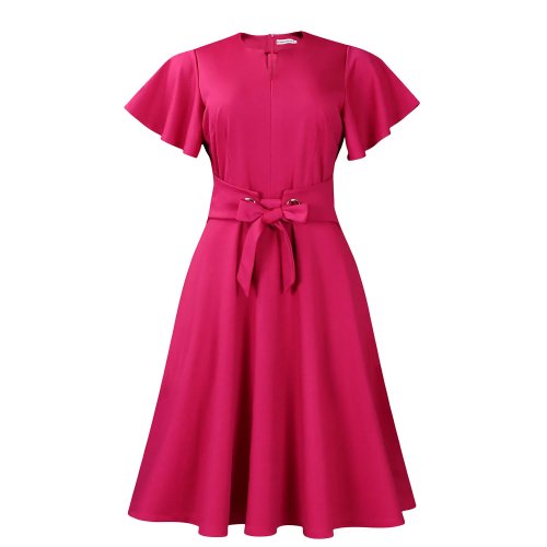 Abito midi elegante taglia forte con scollo a V, linea A, manica corta e cintura per l'estate