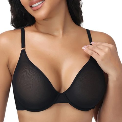 Bra sexy sin alambre, malla transparente, escote bajo, talla extra, 75-95 copas B-F