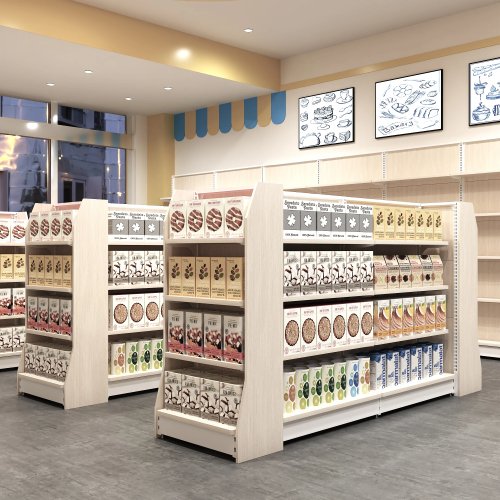 Étagère métallique pour supermarché, taille personnalisée, avec bois et acier, pour magasins de snacks, pharmacies et boutiques