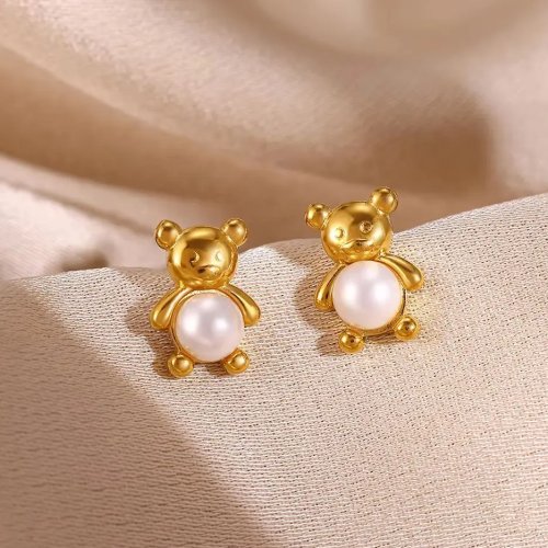 Pendientes de botón de osito lindo para mujer, acero inoxidable con acento de perla - Bisutería de moda regalo