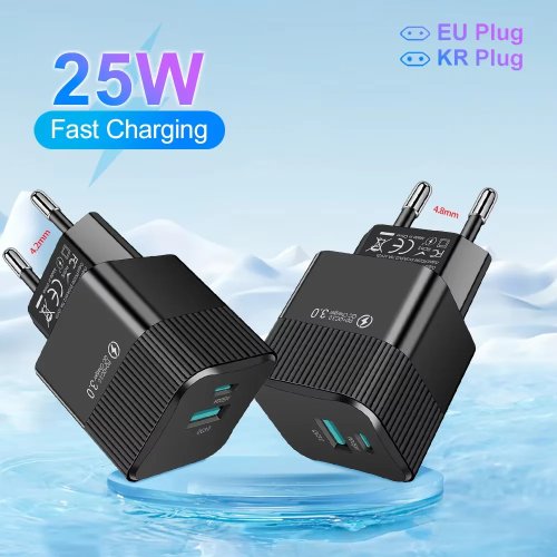 2포트 25W USB-C PD 고속 충전기, EU 플러그 포함, iPhone 15 Pro Max 및 OnePlus용 여행용 어댑터