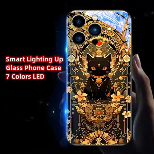 高級 福猫デザイン LED発光 強化ガラス iPhoneケース Air 17 16 E 15 14 13 12 11 Pro Max Plus 対応