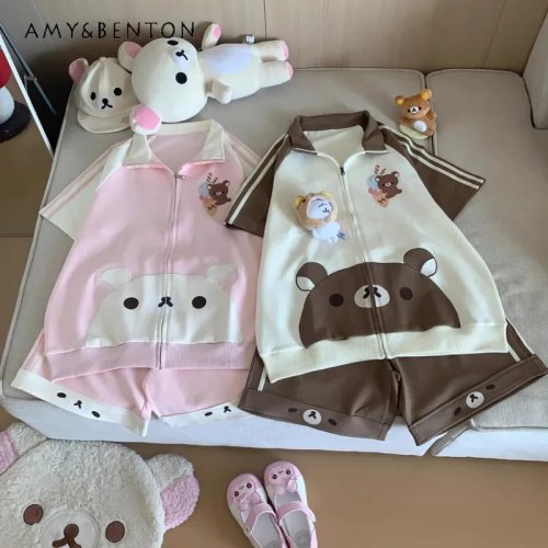 25COS Setel Dua Potong Atasan Zipper Lengan Pendek dan Celana Pendek Print Kartun Imut Jepang Longgar Musim Panas