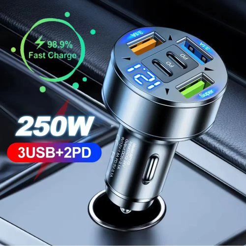 Chargeur de Voiture 250W 5 Ports avec Affichage de Tension, Charge Rapide PD QC3.0 USB-C pour iPhone Samsung Huawei Xiaomi