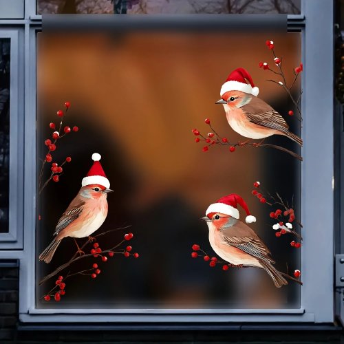 1PC Decal dán cửa sổ Giáng sinh - Ba con chim đội mũ ông già Noel, cành quả mọng đỏ, decal dán tường trang trí cho kính và cửa sổ