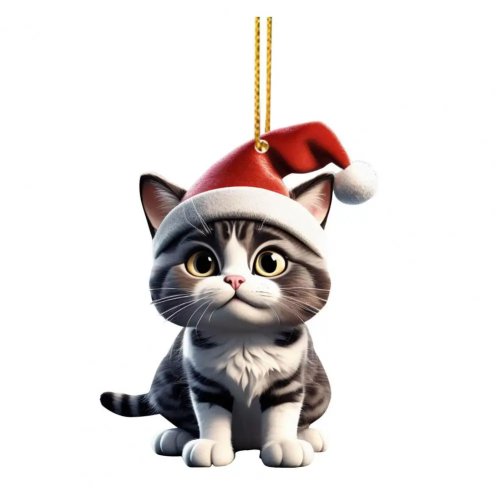 Móc treo cây thông Noel hình mèo dễ thương - Đồ trang trí acrylic 2D với mũ ông già Noel