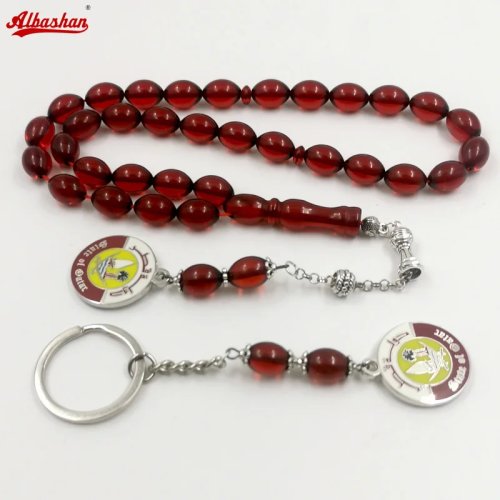 Zestaw Tasbih z Kataru - Czerwone koraliki modlitewne z żywicy z bransoletką, breloczkami i akcesoriami, prezent na Eid