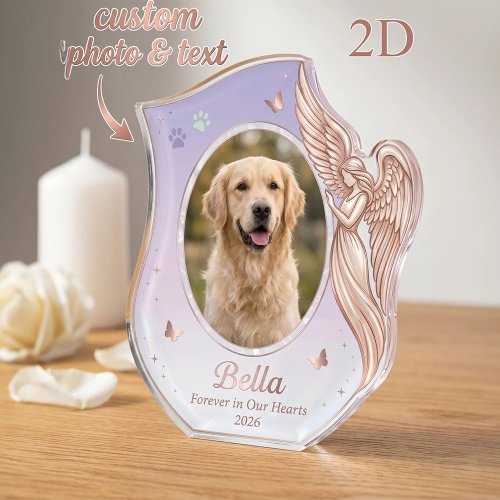 Placa comemorativa personalizada para animais de estimação em acrílico rosa dourado com anjo – Lembrança para sempre, presente de condolências pela perda de animal, ornamento decorativo para casa
