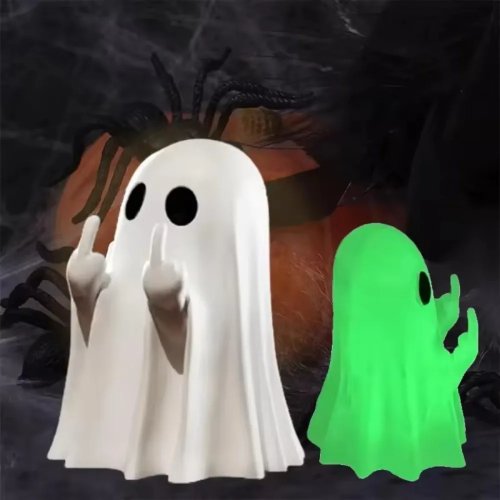Figura de resina de fantasma lindo con dedo medio - Decoración espeluznante de Halloween para repisa, repisa de chimenea, mesa de centro - Adorno para fiesta en casa