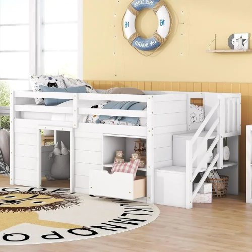 Letto a soppalco singolo bianco con scale, cassetti e ripiani per bambini e adolescenti