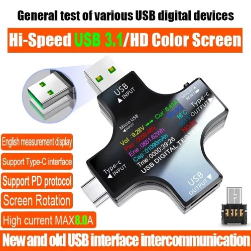 USB Tester DC Type-C PD, Voltmeter Ammeter Digital, Monitor Tegangan dan Arus, Pengukur Kapasitas Power Bank, 8.0A