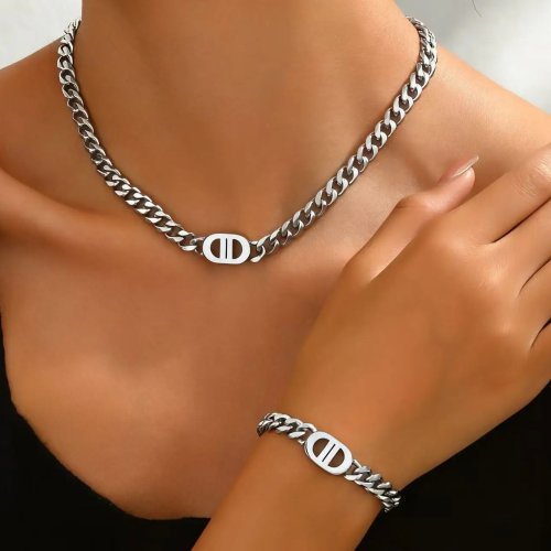 Set Kalung dan Gelang Rantai Kuba Stainless Steel 2 Pcs dengan Charm Geometris, Perhiasan Hiphop