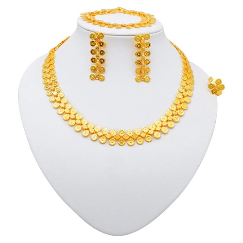 Set gioielli dorati a pois per donna - collana, orecchini, bracciale e anello per matrimonio e festa