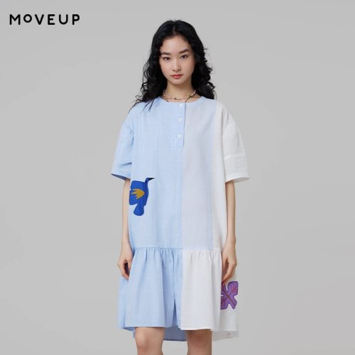 Abito camicia da donna MOVEUP con motivo a quadri a blocchi di colore, applicazione con uccello e foglia, estate, scollo tondo, orlo a volant, casual ampio