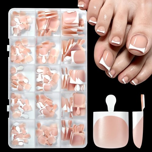 150 unid. Unhas Postiças Nude Francesas Quadradas para Dedos dos Pés, Extensões de Unhas dos Pés com Ponta Branca, Cobertura Completa, Soak Off, DIY Salão de Pedicure