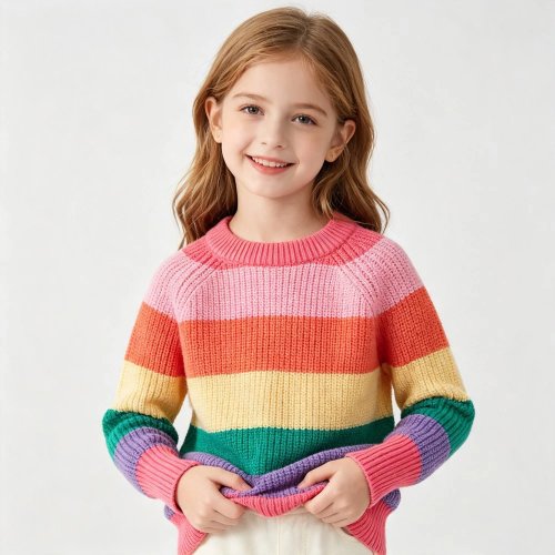 Kids Girls Rainbow Striped Sweater - Soft Knit Long Sleeve Pullover, Loose Fit, Daily Wear Top