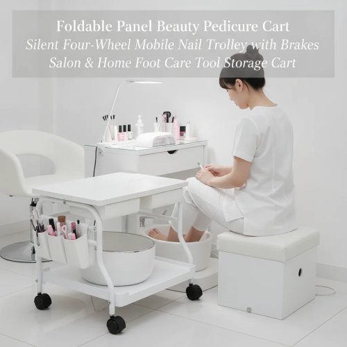 Portable Foot Trolley Cart with Foldable Boards for Nail Lamp or Foot Pads, Mobile Beauty Salon Trolley with 4 Silent Wheels & Brakes, White