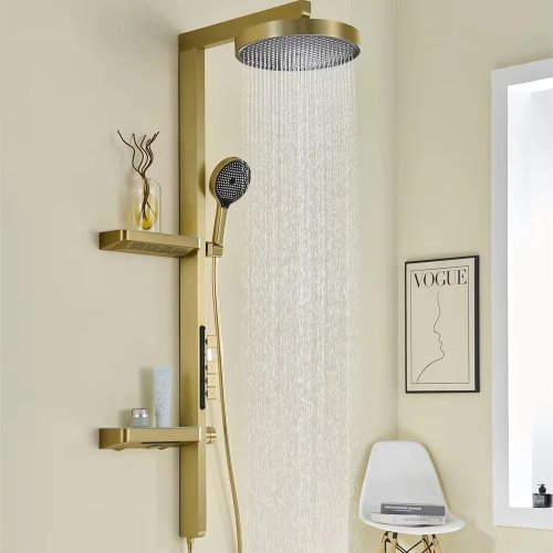 Set de Regadera de Lujo Dorado Cepillado con Pantalla LED, Control de Botones tipo Piano y Repisas para Baño