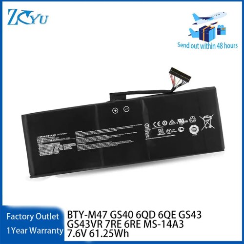 Batterie d'ordinateur portable BTY-M47 pour MSI GS40/GS43 (6QD/6QE/7RE/6RE), 7,6V 61,25Wh
