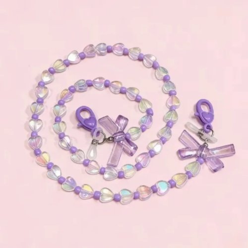 Chaîne de lunettes en perles coeur pêche et violet fait main, multifonction pour lunettes, chapeau, écouteurs, masque, pendentif de cou anti-perte