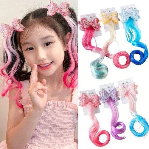 Parrucca riccia con fiocco e fermagli per capelli per bambine (1-2 pezzi) - Colore ombré, accessorio per travestirsi da principessa, regalo di compleanno, bomboniera per festa