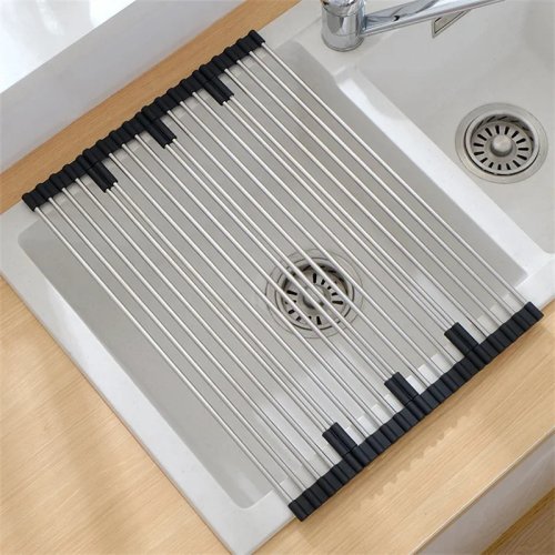 Escurridor de Platos Plegable de Acero Inoxidable para Fregadero, con Tapón de Drenaje y Base Resistente al Calor, Útil de Cocina