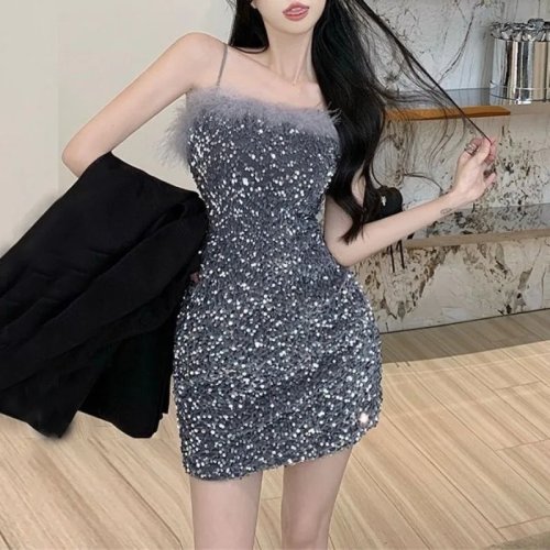 Sequined Bodycon Mini Dress for Women - Strapless Sleeveless Shimmer Party Dress