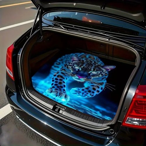 Tappeto bagagliaio auto con motivo giaguaro blu neon, base nera, resistente e facile da pulire
