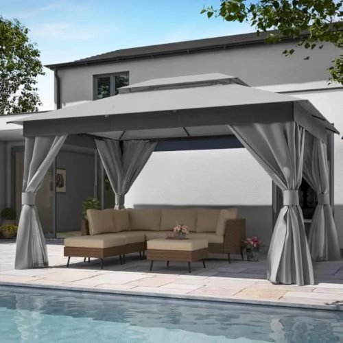 Gazebo de Exterior em Metal Pesado, Toldo para Pátio com Telhado Duplo, Rede Mosquiteira e Telas de Privacidade para Jardim