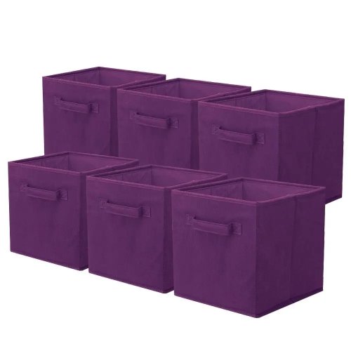 Kotak Penyimpanan Lipat, Kubus Penyimpanan Kain dengan Pegangan, untuk Lemari, 10.5x10.5, Ungu, 6 Pack