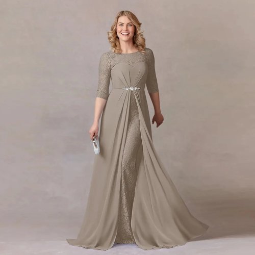 Abito da madre della sposa in pizzo e chiffon, scollo tondo, maniche tre quarti, lungo al pavimento, per festa di matrimonio