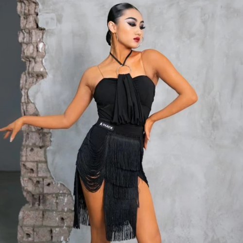 Women's Black Latin Dance Dress with Halter Top and Tassel Skirt - Cha Cha Rumba Samba Performance Costume