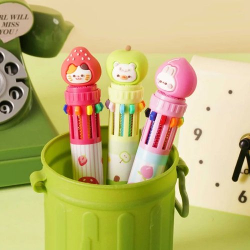 24 ชิ้น ปากกาลูกลื่น Kawaii ผลไม้ แมว กระต่าย หมี 10 สี ปากกากดน่ารัก สำหรับโรงเรียนและที่ทำงาน