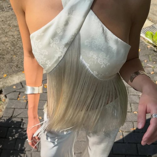 Top halter de satén con estampado floral y flecos, sin mangas, de espalda abierta, crop top para mujer, verano