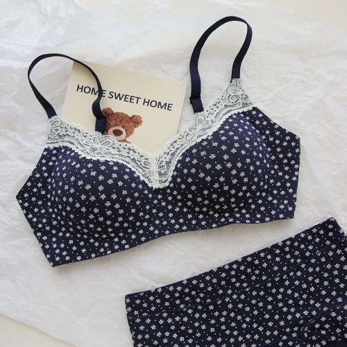 Japanese Style Cotton Floral Thin Cup Lingerie Set, Sweet Lace Trim, Wireless Push-Up Bra for Small Bust, Summer Style