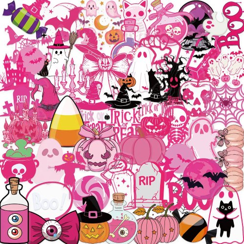 50 pezzi Adesivi Halloween Rosa Cartoon, Adesivi DIY Fantasma per Scrapbooking, Telefono, Bagaglio, Skateboard, Decalcomanie impermeabili
