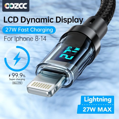 PD 27W 고속 충전 케이블, LCD 디스플레이, 투명 쉘, 데이터 전송, USB A to Type-C to Lightning, iPhone 14 Pro Max/13/12 호환