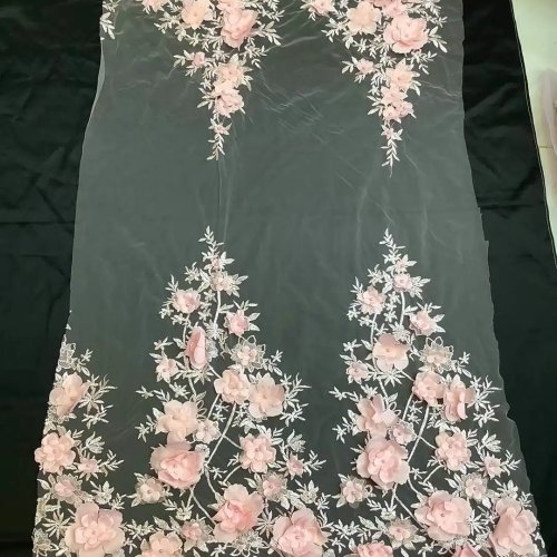 Pink 3D Flower Beaded Lace Fabric, French Tulle Net Lace for Wedding and Evening Dress Sewing