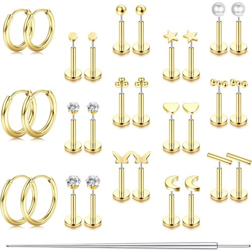 FASACCO 軟骨ピアス フラットバック スタッド＆フープ 14K ゴールドメッキ スチール アレルギーフリー 女性用 トレンドジュエリー ギフト