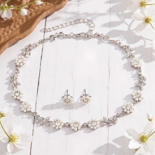 Elegancki zestaw biżuterii vintage dla kobiet, 3 szt., naszyjnik z perłowych kwiatów, błyszczący kryształowy choker, kolczyki ślubne, impreza