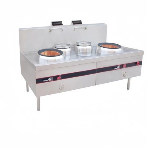Bếp gas thương mại với 2 đầu đốt wok và 2 vùng giữ nhiệt - Thép không gỉ bếp wok Trung Quốc cho nhà bếp nhà hàng