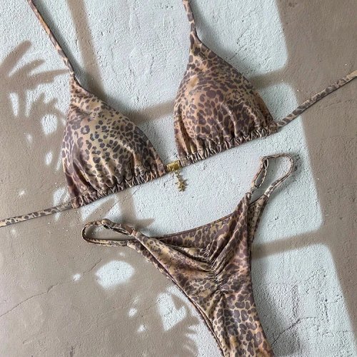 섹시 레오파드 프린트 푸시업 비키니 투피스 여성 수영복 스트링 비키니