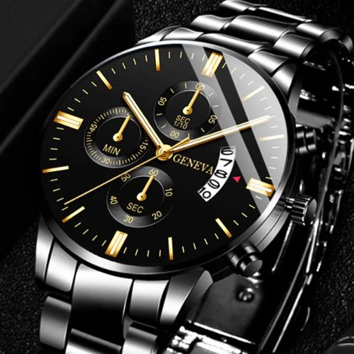 Luxury Men's Stainless Steel Quartz Watch with Calendar, Business Dress Watch