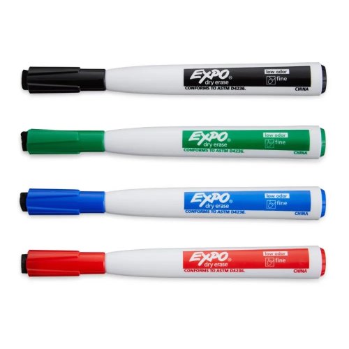 Pack de 4 Rotuladores de Pizarra Blanca, Punta Fina, Multicolor, con Borrador Magnético